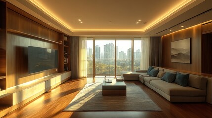 Fototapeta premium Modern living room with a large window, showcasing a sophisticated and warm interior design.