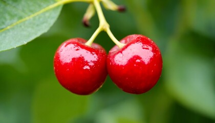 close up of red cherries on a branch with green leaves.