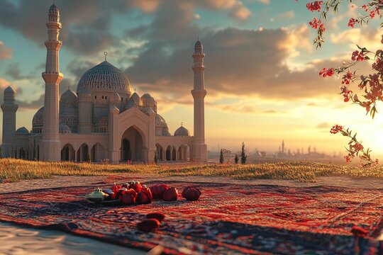Sunset picnic on a rug near a beautiful mosque surrounded by blooming flowers and lush greenery