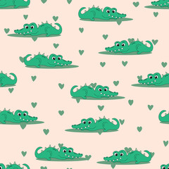 Animal seamless pattern with cartoon crocodiles on color background. Cute holiday illustration with crocodile for baby. Design for invitation, poster, card, fabric, textile, wrapper.
