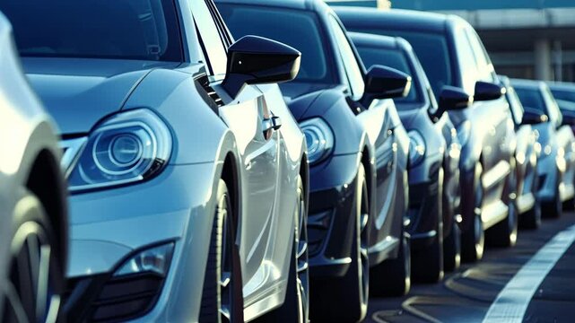 Numerous vehicles are neatly parked side by side in a busy urban area as the late afternoon sun casts long shadows