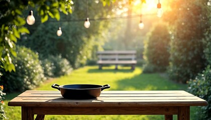 A sunny outdoor setting featuring a wooden table and bench with a cast iron pan on top.