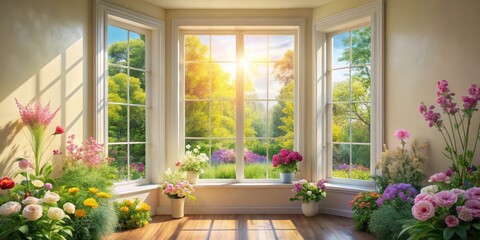 Sunlit Room with Vibrant Floral Arrangements by a Bay Window Offering a Breathtaking View of a Lush Garden