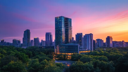 Fototapeta premium Cityscape at Sunset: Vibrant Skyline and Lush Greenery