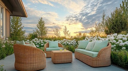 Fototapeta premium Wicker patio furniture set provides a comfortable outdoor seating area surrounded by lush white hydrangea bushes at sunset.