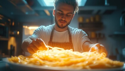Fresh pasta with truffle oil being prepared, glowing AR recipe guide, sleek modern kitchen, bright vibrant lighting, photorealistic