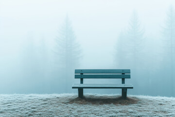 Obraz premium Empty bench overlooking misty forest landscape at dawn