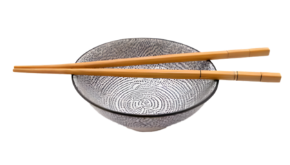 Wooden chopsticks and patterned bowl isolated on clear png background