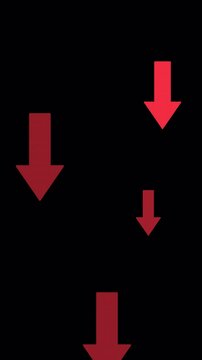 Falling Red Arrows Animation, Stock Market Decline Financial Loss, moving down, seamless loop motion graphic on a transparent background Alpha Channel, vertical frame