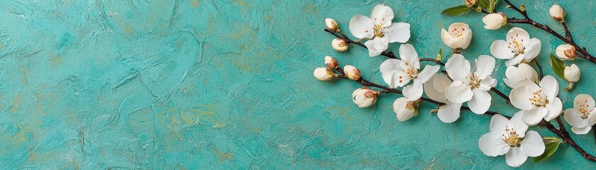 Spring Blossoms on Teal Textured Background White Flowers Branches Floral Design Nature