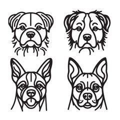 Four black and white outline drawings of dog manes, breeds and features. Icon, utline, isolated on white background, vector