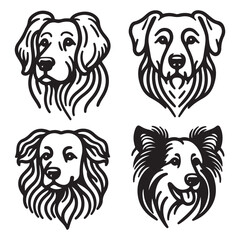 Four black and white outline drawings of dog manes, breeds and features. Icon, utline, isolated on white background, vector