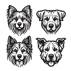 Four black and white outline drawings of dog manes, breeds and features. Icon, utline, isolated on white background, vector