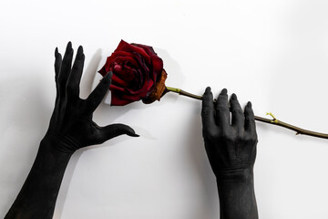 The black hands with long nails hold a rose and make it dry. Concept photo with woman hands painted in black paint with hold a red flower. 