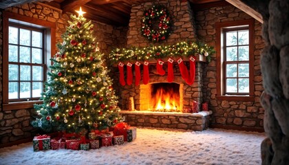Fototapeta premium A cozy room is decorated with Christmas decorations and presents for the holiday season.