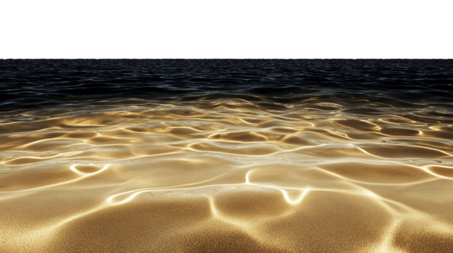 Summer beach with golden sand and clear blue water isolated on transparent white background
