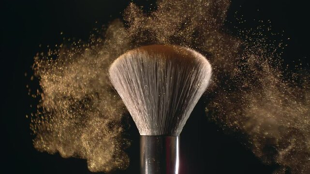 Makeup brush facing the camera inside a cloud of golden powder. Beauty product presentation