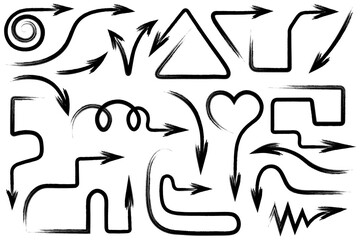 Collection of black, charcoal arrows. Set of direction indicators made from brush strokes. Sketch. Hand drawn signs. Vector illustration. Arrows of different shapes, heart, zigzag, round, triangular.