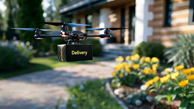 automate drone delivery boxes to a house, word " Delivery " written on box	
