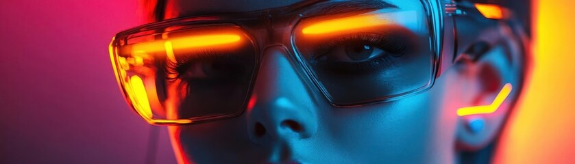 Halloween costume party in a futuristic setting, glowing neon costumes, soft ambient lighting, cyberpunk style