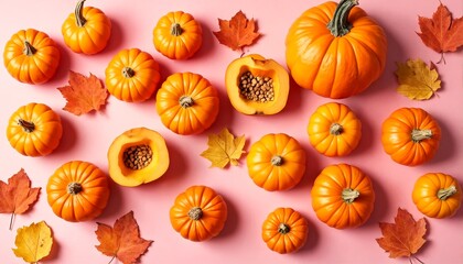 Pumpkins and leaves scattered on a pink background.