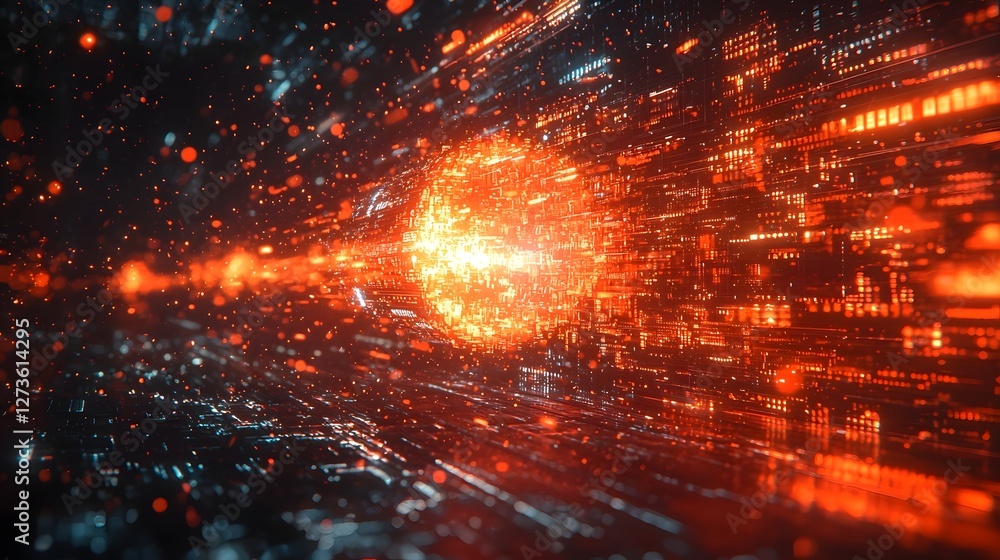 Poster glowing digital holographic bomb exploding into data shards in high tech cyber attack concept