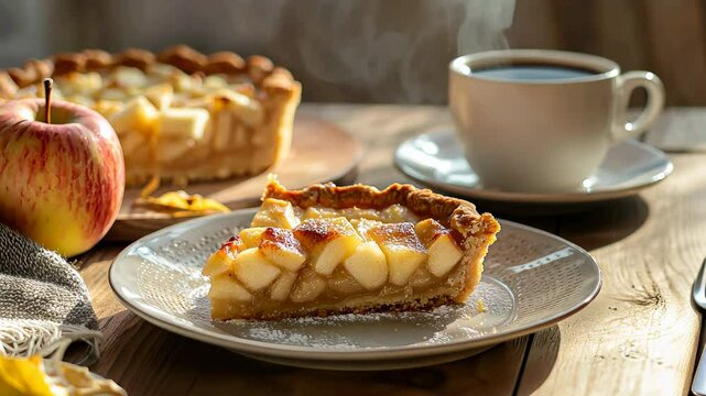 Steaming coffee and fresh apple pie slice on rustic table in sunlight. Hot drink
