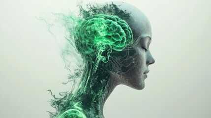 Serene woman, glowing brain, AI art.