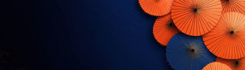 Delicate Wagasa umbrella motifs in bright orange over a navy blue background, airy and traditional