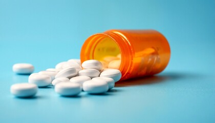 Pills and Pill Bottle on Blue Background.