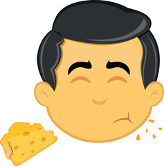 vector illustration yellow emoji character male, eating a piece of cheese