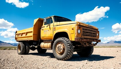 Obraz premium A yellow truck is shown parked on a dirt road under a blue sky with white clouds.