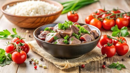 Aromatic Savor of Stewed Gizzards with Fresh Herbs, Served Alongside Fluffy White Rice and Vibrant Cherry Tomatoes on Rustic Wooden Table
