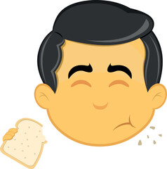 vector illustration yellow emoji character male, eating a slice of bread