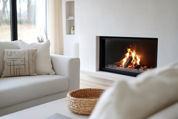 Fototapeta premium Cozy living room featuring a modern fireplace and soft furnishings in a bright, minimalist setting