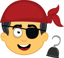 vector illustration yellow emoji character male, with a headscarf, hook prosthesis hand, an eye patch and a pirate