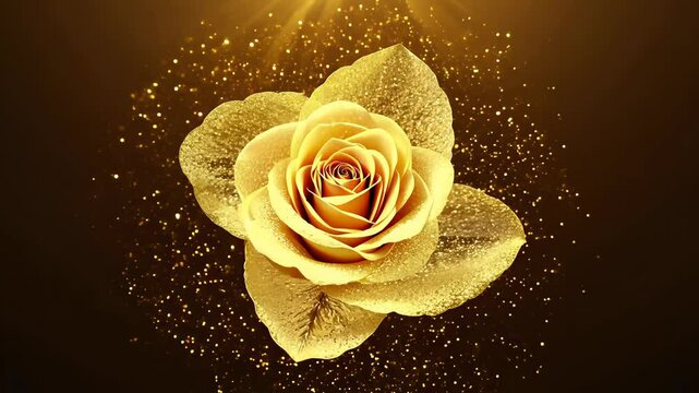 Shimmering Particles shaper gold rose flower. glittering golden abstract background. Slow motion. Golden rose blooming with glitter in radiant light