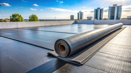 High-quality EPDM rubber roll laid on a modern flat roof with a slight sheen from sunlight, commercial property, rubber rolls