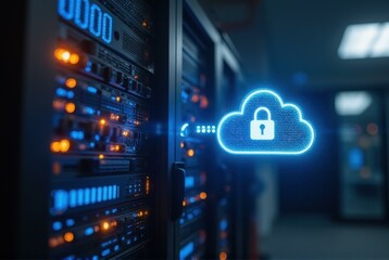 Fototapeta premium Data security measures for cloud computing data center digital technology high-tech environment close-up view cyber safety awareness