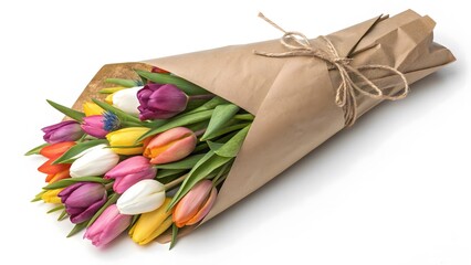 Colorful bouquet of tulips wrapped in brown paper with a string on white background. Created with Ai