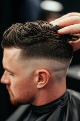 Obraz premium Barber cutting hair in salon; client getting haircut. Use for beauty promotion