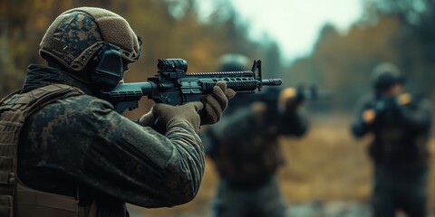 Soldiers aiming rifles in woodland setting, engaging in combat drills, demonstrating precision, coordination, and tactical efficiency in training exercise.