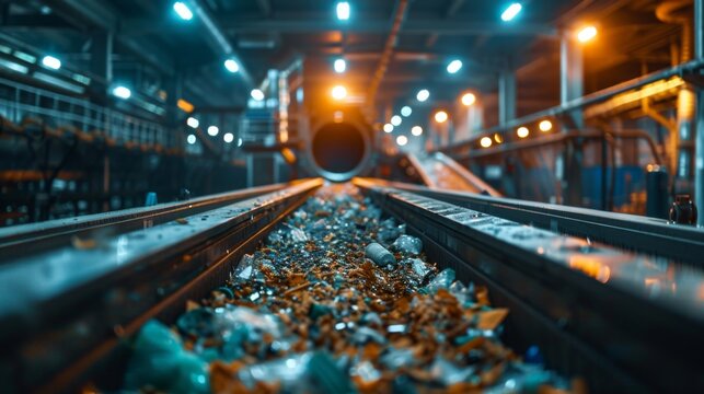Conveyor belt transports a mix of plastic waste within a recycling facility at night. Machinery operates under bright lights, highlighting the recycling process in action.