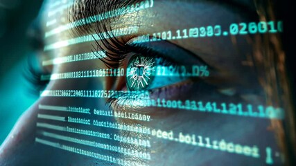 Closeup of woman's eye with reflected computer code for technology and innovation concepts. High-tech eye scanning system with binary code overlay. Artificial intelligence and cybersecurity - Powered by Adobe