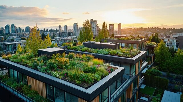 Eco-Friendly Rooftop Oasis: Modern buildings boast vibrant rooftop gardens, an urban oasis promoting sustainability and green living, under a sky painted with sunset hues. 