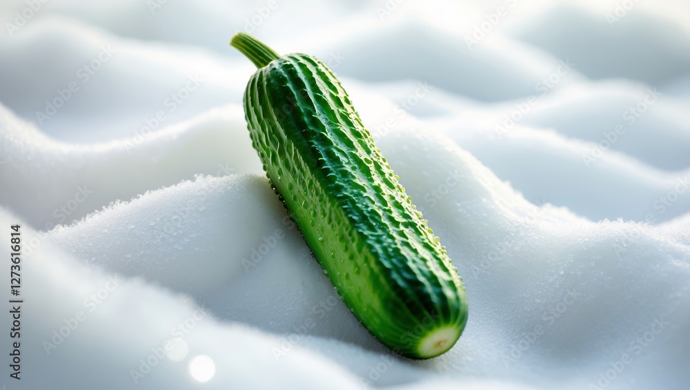 Poster fresh cucumber resting on soft white surface with subtle texture in bright lighting