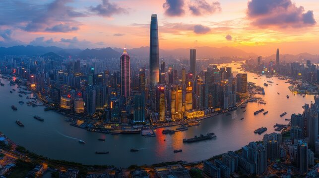 Stunning Hong Kong sunrise cityscape panorama.