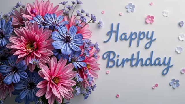  Happy Birthday card featuring pink and blue flowers arranged in a circular pattern creating a soft and delicate floral design