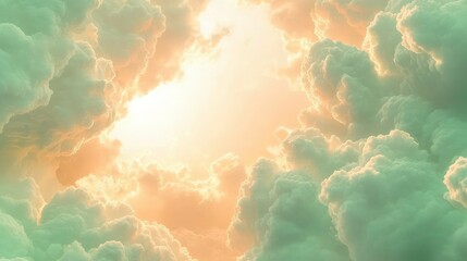 Bright warm light radiates through soft, painterly green and orange clouds creating an ethereal opening suitable for spiritual or optimistic.
