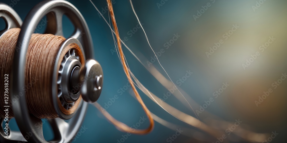 Poster close-up of a sewing machine spool with brown thread in a workshop illuminated by soft light